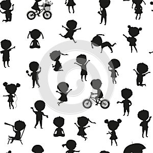 Seamless pattern happy kids.Silhouette children in different positions isolated on white background. Cartoon design