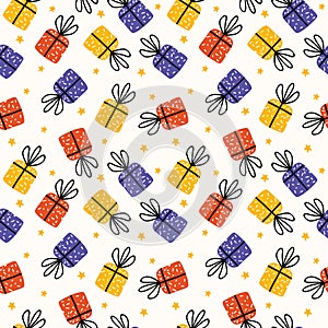 Seamless pattern for Happy New year, Christmas, birthday. Colorful gift boxes in scandinavian style. Presents and gifts