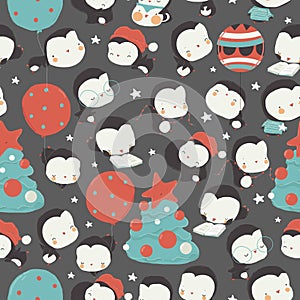 Seamless Pattern with Happy Penguins Characters celebrate New Year, decorate Xmas Tree and give Gifts