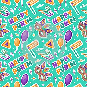 This seamless pattern for Happy Purim features delightful elements like Haman Klopfer, hamentashen, festive masks, and photo