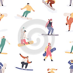 Seamless pattern with happy snowboarders on white background. Endless texture with different people riding snowboards in