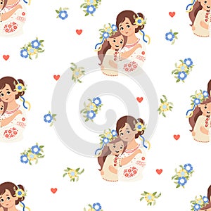 Seamless pattern with happy Ukrainian woman with daughter in traditional clothes embroidered shirt on white background