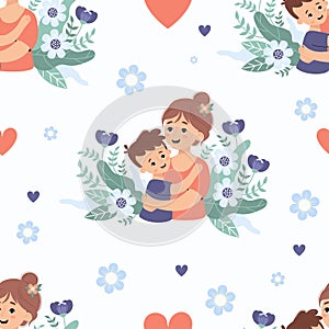 Seamless pattern with happy woman mom with son on background with flowers. Vector illustration in flat cartoon style