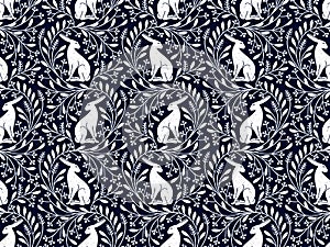 Seamless pattern with a hare and gentle white floral ornament