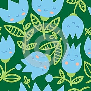 Seamless pattern with harebells on green background. Floral print with blubells. Anthropomorphic vector flowers.