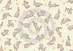 Seamless pattern with a hares, colored eggs for easter.