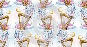 Seamless Pattern of Harps and Clouds