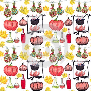 Seamless pattern from harvesting autumn herbs and potions, graphic color pattern on a white background