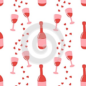 Seamless pattern has wine glasses, bottle and many little hearts. Valentine\'s Day