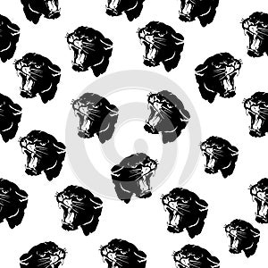 Seamless pattern, head of aggressive angry panther, black silhouette on white background
