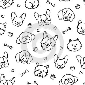 Seamless pattern with heads of different breeds dogs. Corgi, Beagle, Chihuahua, Terrier, Pomeranian