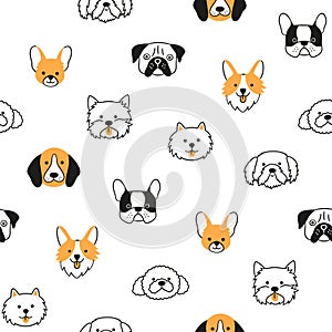 Seamless pattern with heads of different breeds dogs. Corgi, Pug, Chihuahua, Terrier, poodle and shih tzu.