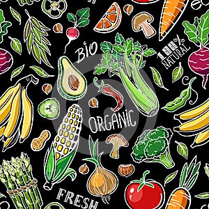 Seamless pattern with healthy vegan organic food such as vegetables, fruits, mushrooms, cereals photo