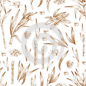 Seamless pattern with heaps and loaves of brown sugar, cane leaves and branches. Endless repeatable texture with