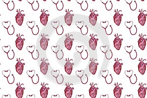 Seamless pattern of heart red color. Hand drawn watercolour painting on white background clip art graphic elements for