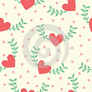 Seamless pattern of Heart shape with green leaf background