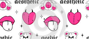 Seamless pattern with Heart, Teddy Bear toy, Lips. White Emo Goth background. Gothic aesthetic in y2k, 90s, 00s and