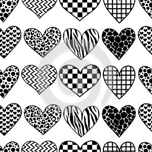 Seamless pattern hearts black and white vector illustration