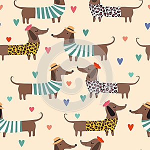 Seamless pattern with hearts , dachshunds in clothes and dog prints