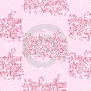 Seamless pattern with hearts and letters hope.