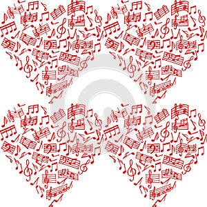 Seamless pattern, hearts, musical notes, treble clef and staves. Black design on white background for textile, paper, cover