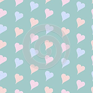 Seamless pattern with hearts. Pastel hearts on a blue background. Hand drawing for notebooks, stationery, diaries and