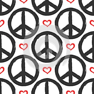 Seamless pattern with hearts and signs of peace. Grunge, graffiti, sketch.