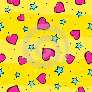 Seamless pattern with hearts and stars on bright yellow background