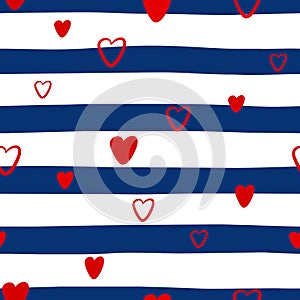 Seamless pattern with hearts on a striped background