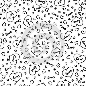 Seamless pattern with hearts and the word love