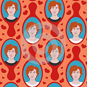 Seamless pattern with heartthrob man in mirror