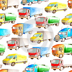 Seamless pattern heavy transport of watercolor trucks and lorries on a white background isolated for textile or fabric or wrapper