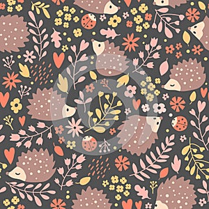Seamless pattern with hedgehog and flowers