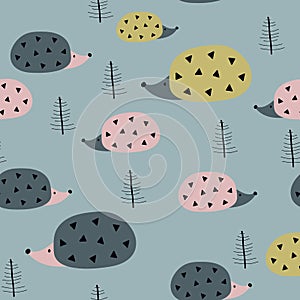 Seamless pattern with hedgehogs.