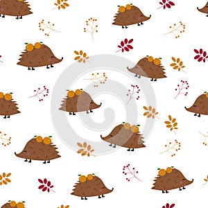 Seamless pattern: hedgehogs with apples and berries, leaves on a white background. Flat vector. Il