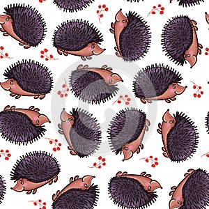 Seamless pattern of hedgehogs and berries
