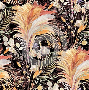 Seamless pattern with herbs and pampas grass and dried flowers painted