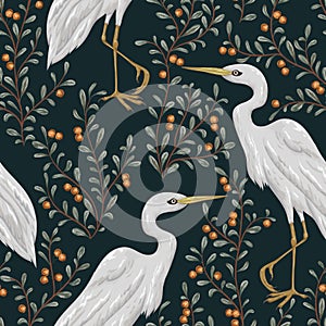 Seamless pattern with heron bird and cranberry plant. Rustic botanical background.