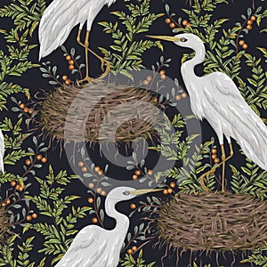 Seamless pattern with heron bird, nest and swamp plants. Marsh flora and fauna.