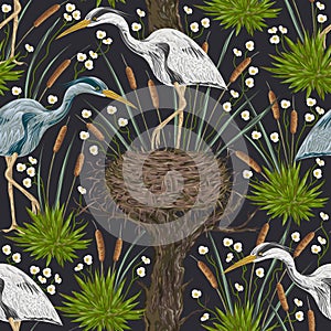 Seamless pattern with heron bird, old tree, nest and swamp plants. Marsh flora and fauna.