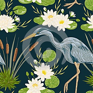 Seamless pattern with heron bird, water lily and bulrush. Swamp flora and fauna