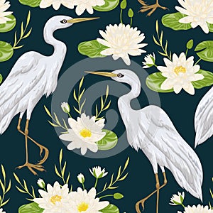 Seamless pattern with heron bird and water lily. Swamp flora and fauna