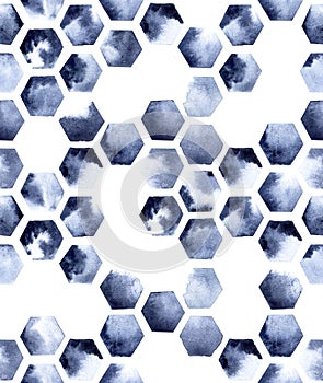 Seamless pattern with hexagons on a white background. abstract print of stains of blue paint, indigo. honeycomb, tiles.