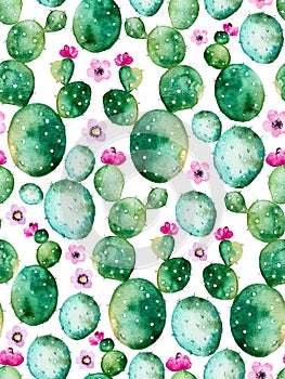 Seamless pattern with high quality hand painted watercolor cactus plants and purple flowers.