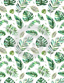 Seamless pattern with high quality hand painted watercolor tropical leaves.Tropical forest collection.