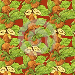 Seamless pattern with highly detailed handdrawn hazelnuts