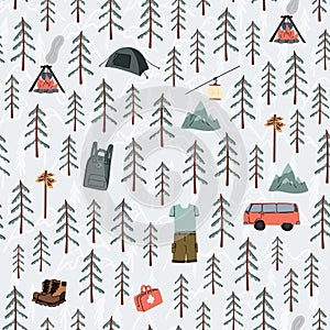 Seamless pattern with hiking and landscape elements. Mountains and campfire, pine trees and boots, funicular and first aid kit,