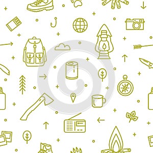 Seamless pattern with hiking and touristic equipment and tools for camping trip and travel drawn with green contour photo