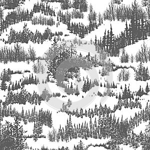 Seamless pattern with hills overgrown by evergreen coniferous forest or woodland. Backdrop with conifers grown in wild