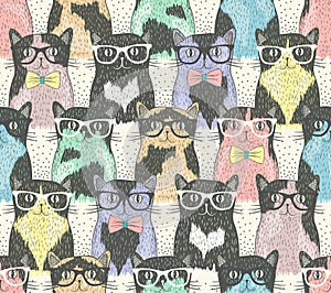 Seamless pattern with hipster cute cats